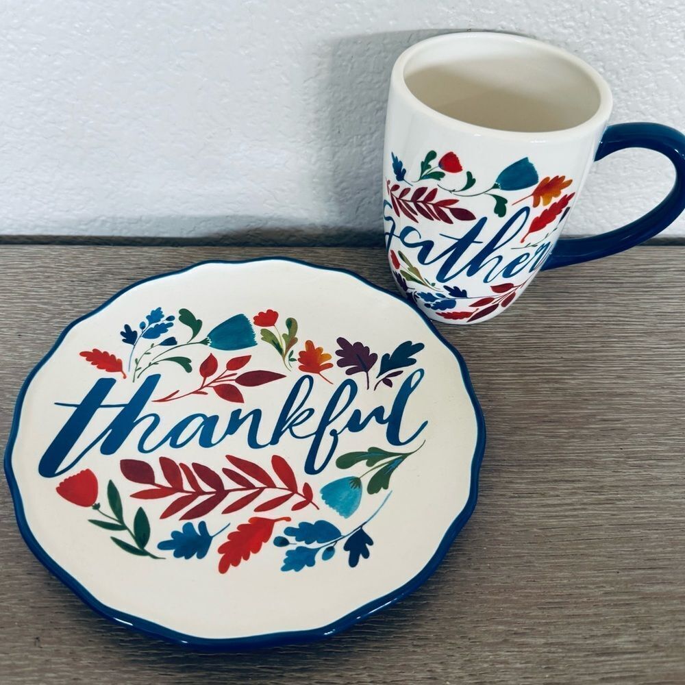 Fall Autumn Gather Thankful Ceramic Serving Plate Coffee Mug Cup Set